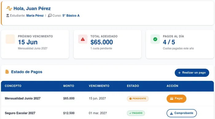 Panel del portal de apoderados con próximo vencimiento, total adeudado y estado de pagos