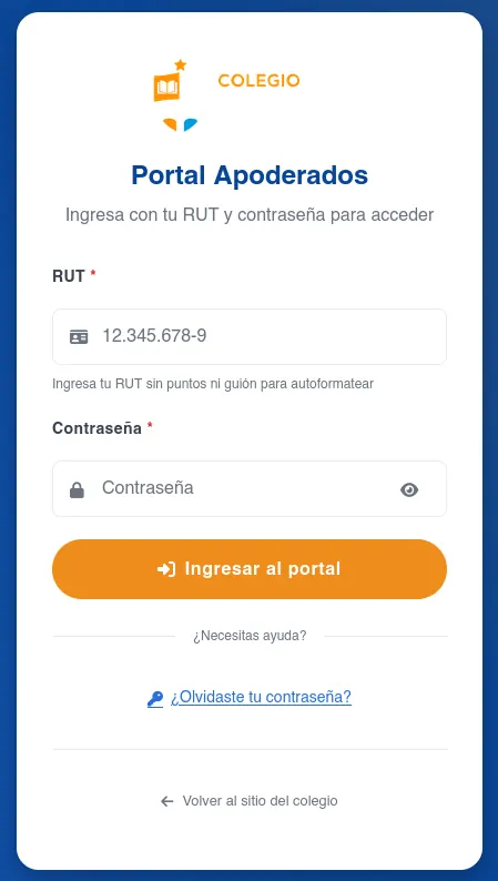 Pantalla de acceso del portal de apoderados, con campos de RUT y contraseña