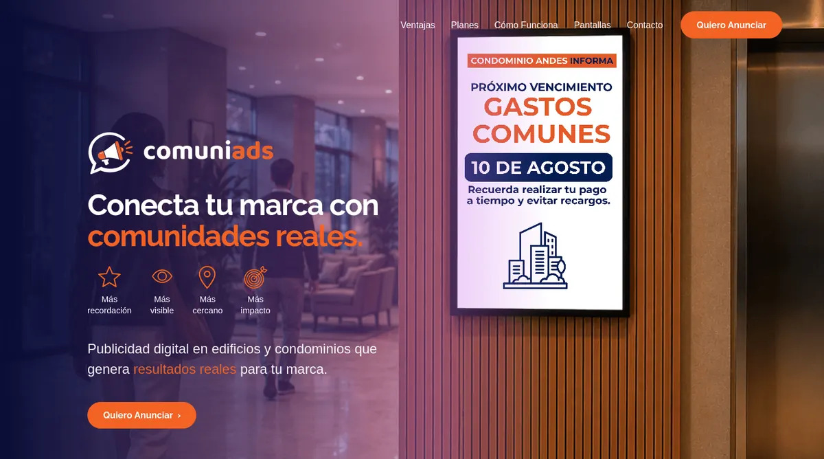 Landing de Comuniads, plataforma de publicidad digital para pantallas en edificios y condominios
