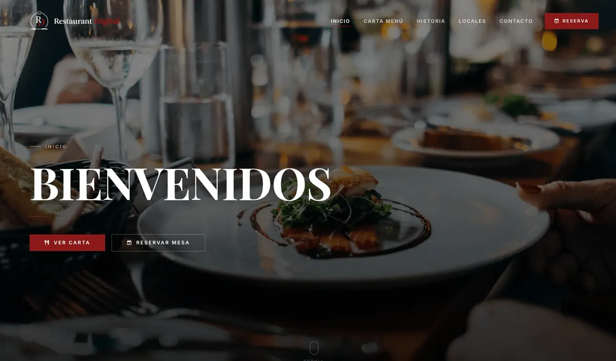 Sitio de Restaurant Digital, con el titular "Bienvenidos" sobre una fotografía de una mesa servida