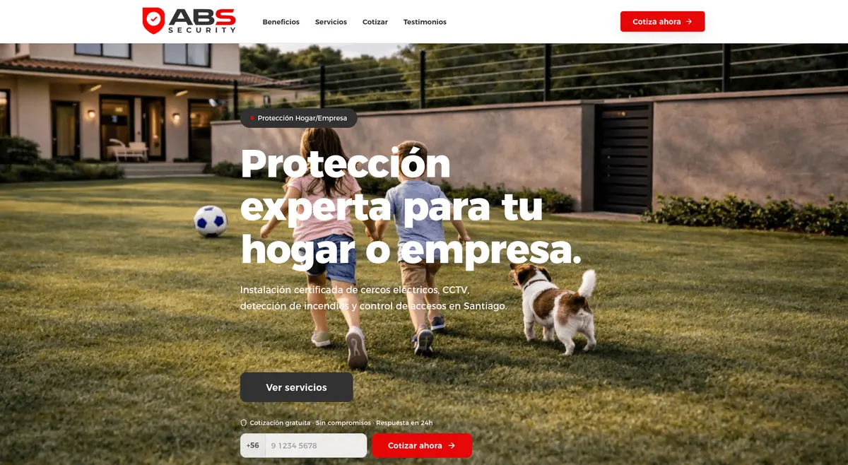 Landing de ABS Security, empresa de seguridad electrónica, con el titular "Protección experta para tu hogar o empresa"