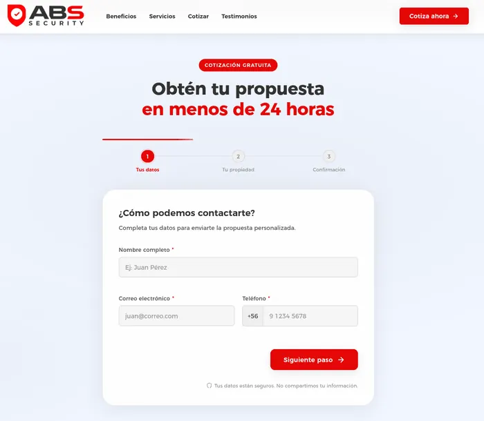 Formulario de cotización en 3 pasos del sitio de ABS Security, paso 1 con datos de contacto